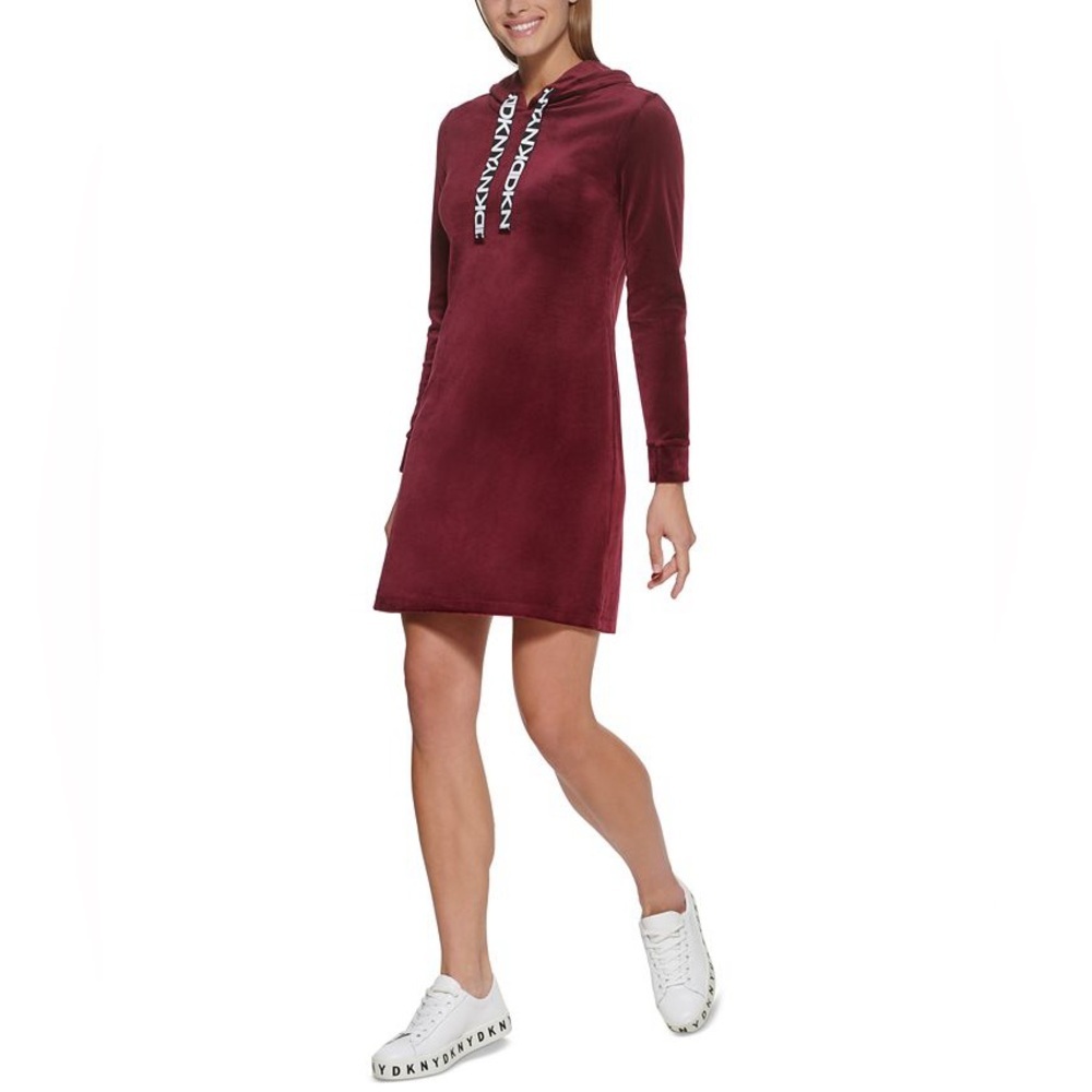 DKNY | Velour Burgundy Hooded Sweater T-shirt Dress